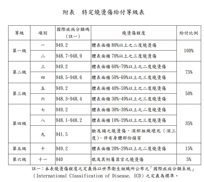 特定燒燙傷給付等級表