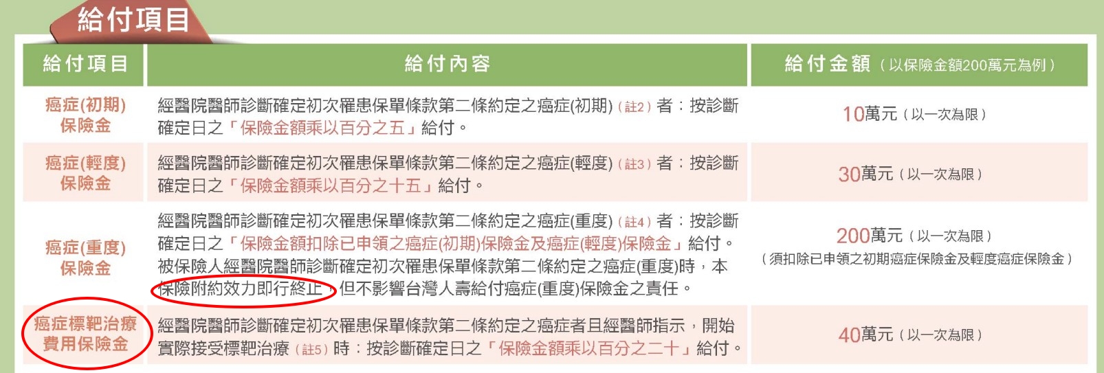 癌症險給付項目表